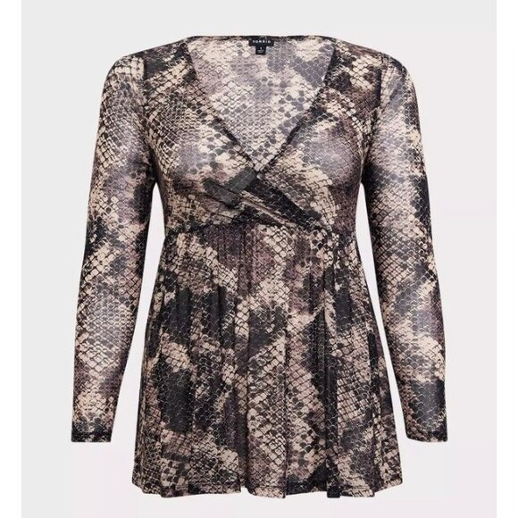Torrid Blouse Babydoll Knit and Mesh Sheer Snakeskin Brown Women Plus 4/4X 26 - Picture 3 of 7